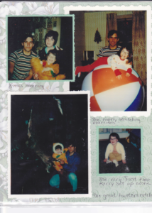 1979 photograph of Kerry Ann Wiley lying across a large therapy ball while her father guides her stretching exercises.