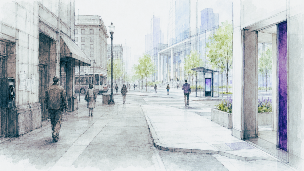 Watercolor city street with pedestrians, a curb ramp, transit stop, and a step-free building entrance marked in purple.