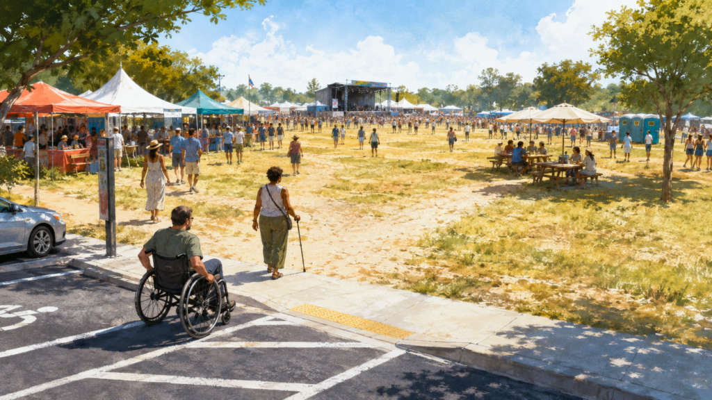 Outdoor festival viewed from an accessible parking space, where a wheelchair user and a person with walking poles face a long grassy route to the event.
