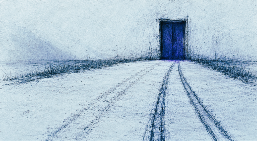 A narrow track crosses an empty pale landscape toward a closed blue door set in a distant wall.