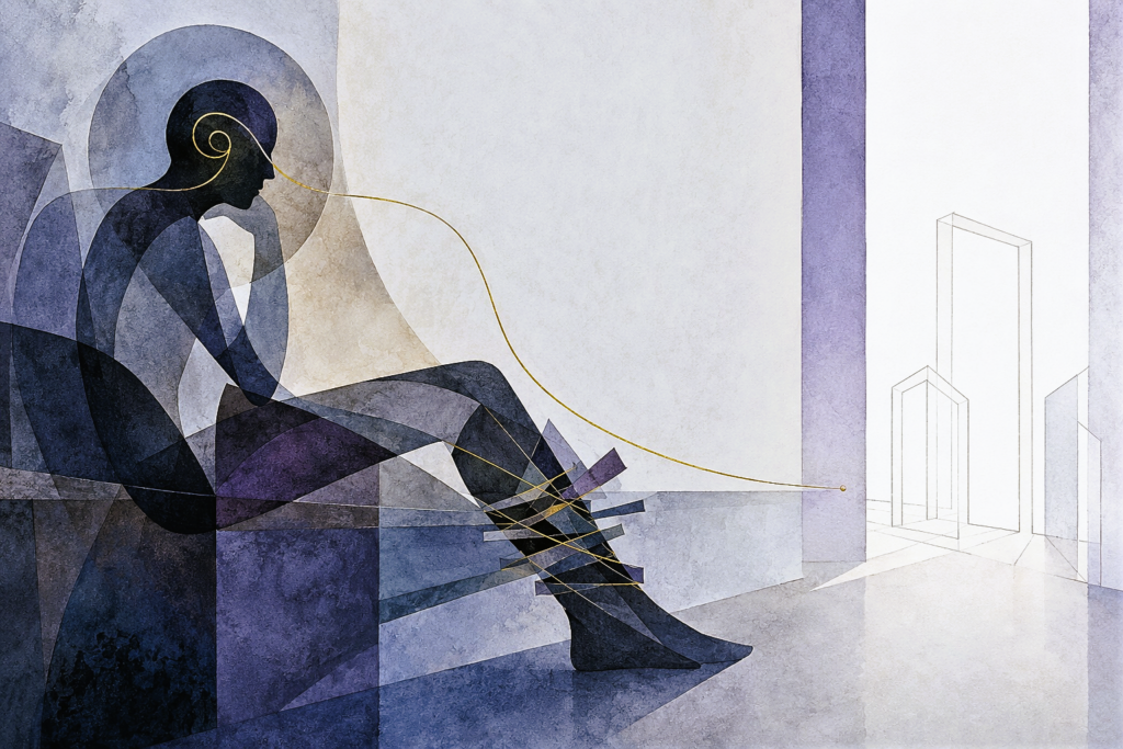 Abstract illustration of a seated figure reaching toward a shoe, with a thin gold line connecting the head, hand, and shoe.