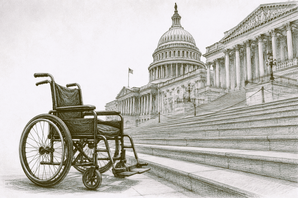 Black-and-white illustration of an empty wheelchair at the base of the U.S. Capitol steps.
