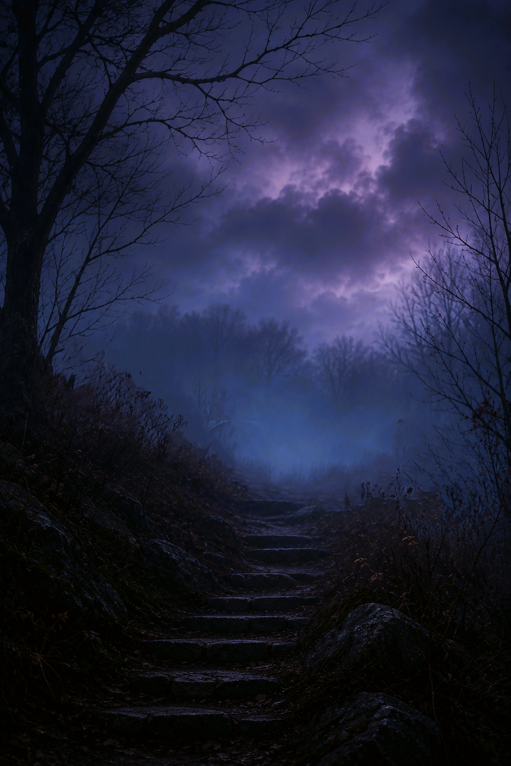 Dark path with stone steps rising through leafless trees beneath purple storm clouds and mist.