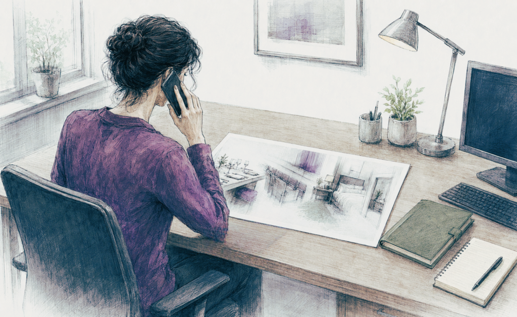 Watercolor illustration of a person seated at a desk on the phone, reviewing an architectural floor plan beside a computer and notebook.
