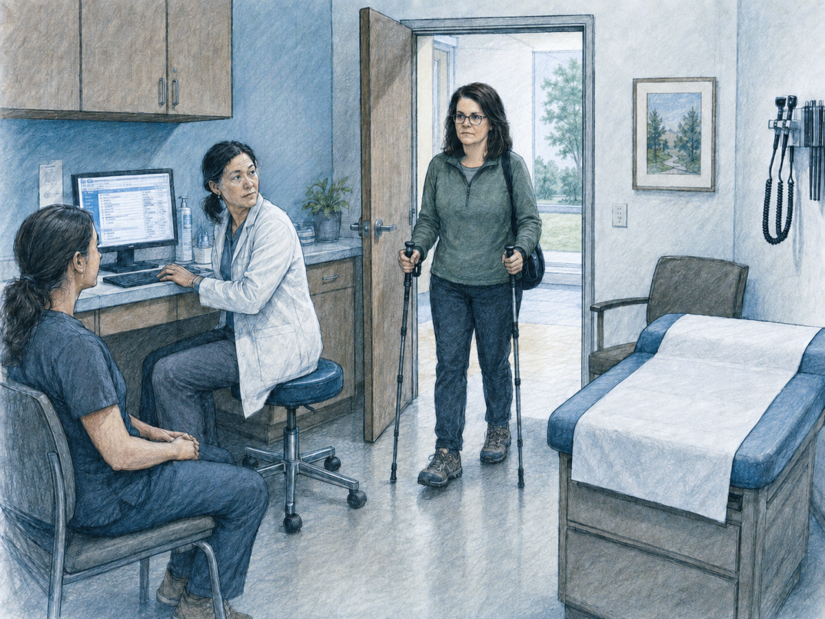 Pencil illustration of a woman using forearm crutches entering an examination room while two clinicians look toward her.