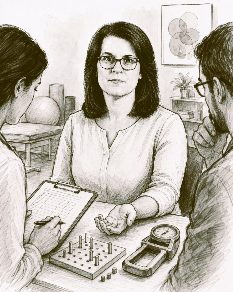 Pencil illustration of a woman seated between two clinicians during a hand evaluation, with a pegboard and grip-strength gauge on the table.