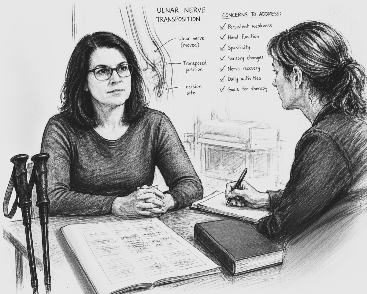 Pencil illustration of a woman with forearm crutches speaking with a clinician about ulnar nerve transposition, persistent weakness, hand function, spasticity, sensory changes, nerve recovery, daily activities, and therapy goals.