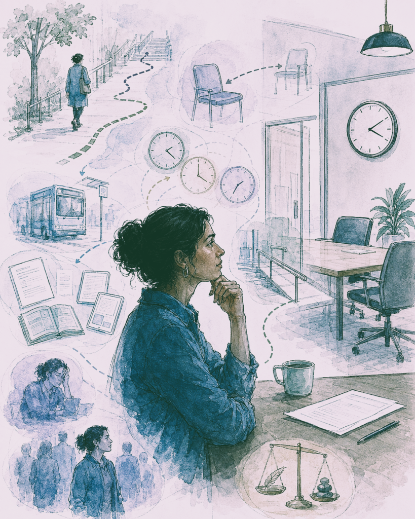 Illustration of a woman planning accessible participation, surrounded by stairs, transit, clocks, movable chairs, ramps, documents, and a balance scale.