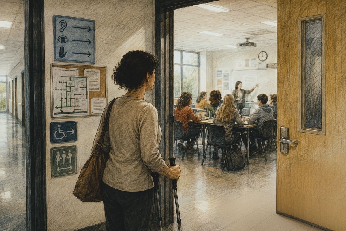 Illustration of a person using forearm crutches standing outside an open classroom where a group is meeting, with directional accessibility signs beside the doorway.