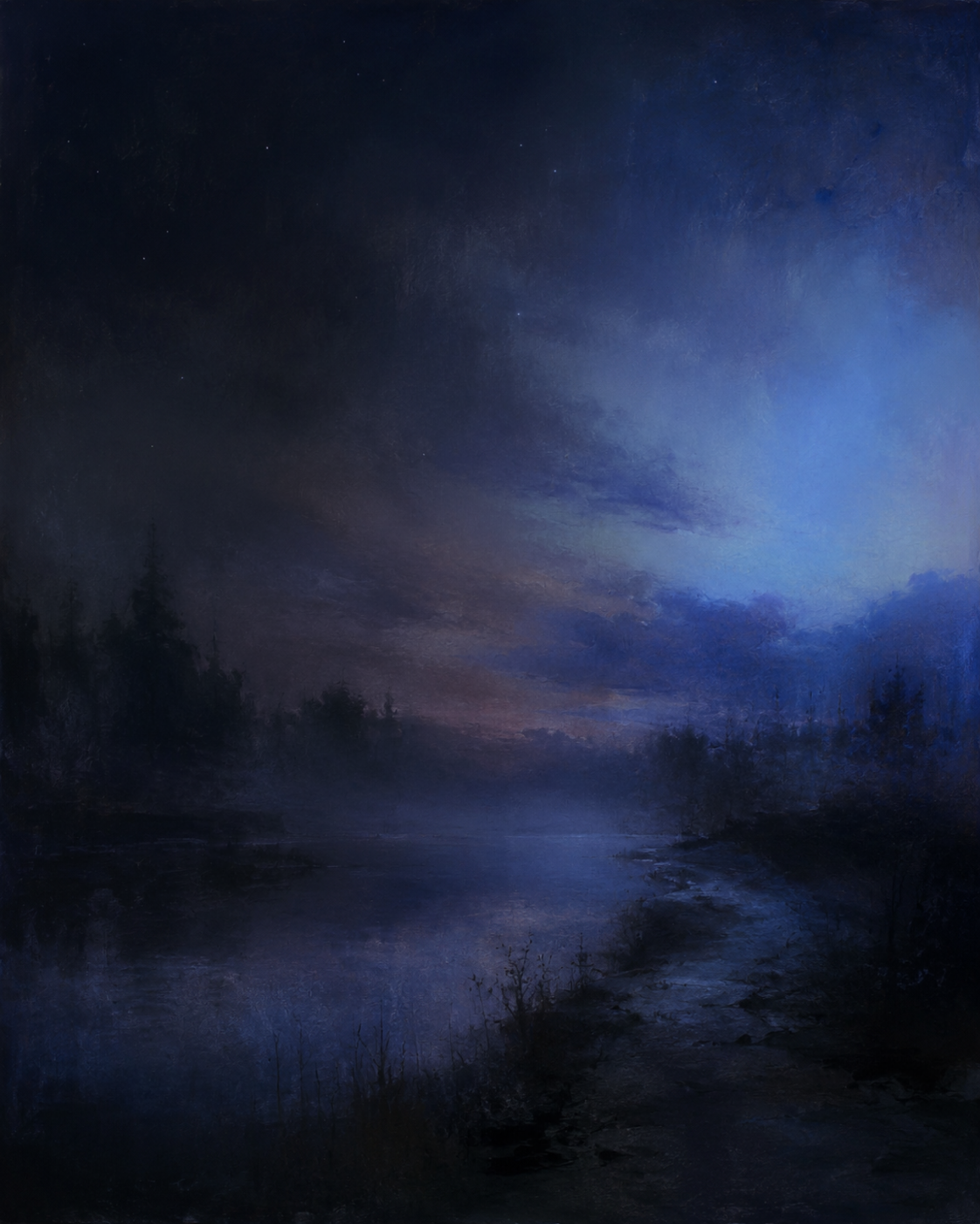 Dark blue landscape of a misty river or wetland beneath a clouded night sky, with shadowed trees along the horizon.