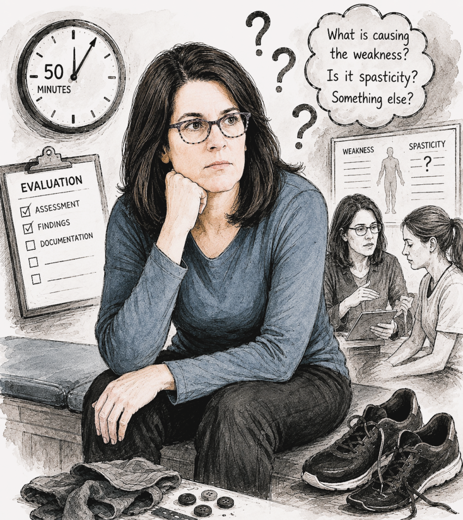 Illustration of a thoughtful woman surrounded by a 50-minute clock, an unfinished evaluation checklist, medical questions, buttons, and shoes.