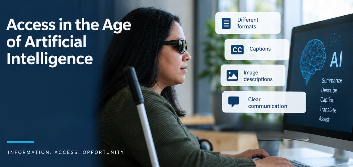 AIWoman using a computer with a white cane beside her and AI accessibility features displayed.