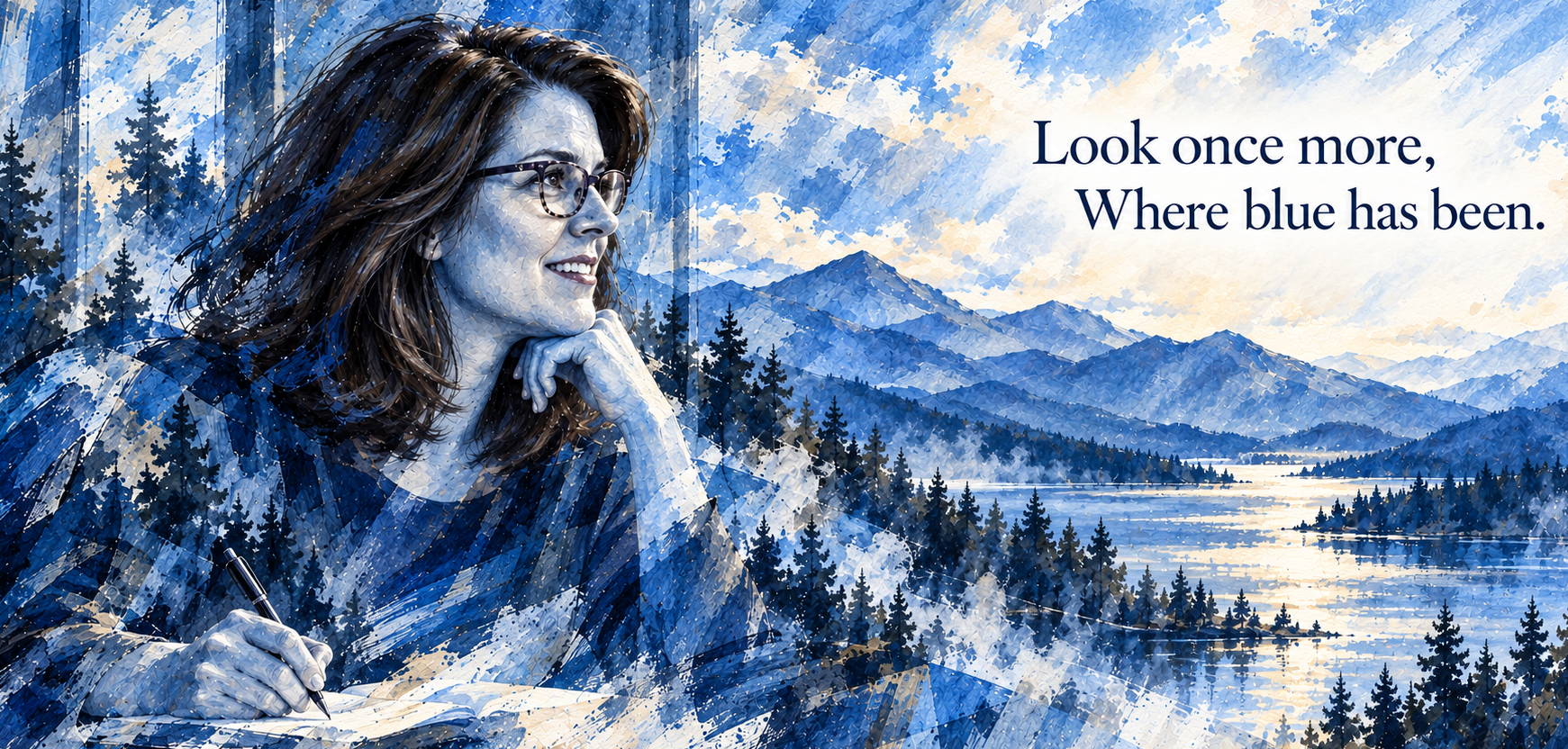 Woman writing beside a blue mountain lake. Text reads, “Look once more, Where blue has been.”