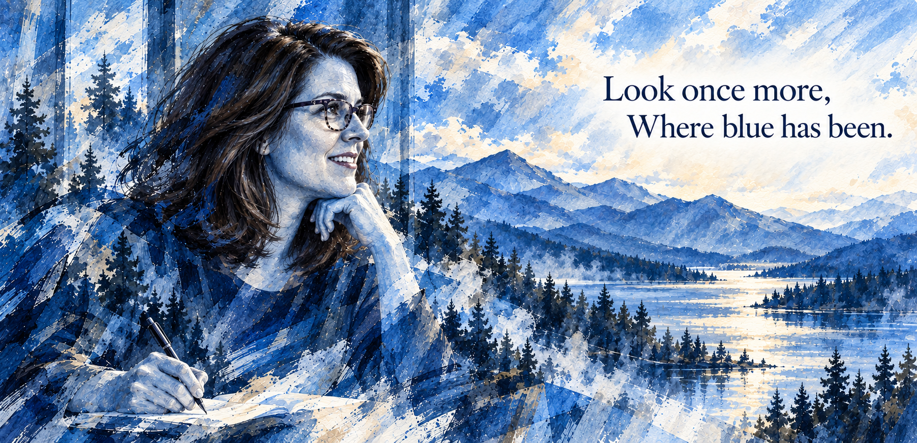 Blue-toned painting of a woman writing beside an Adirondack lake, with the words ‘Look once more, Where blue has been.’