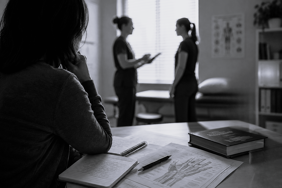 Black-and-white image of a woman taking notes beside a hand anatomy diagram while two clinicians talk in the blurred background.