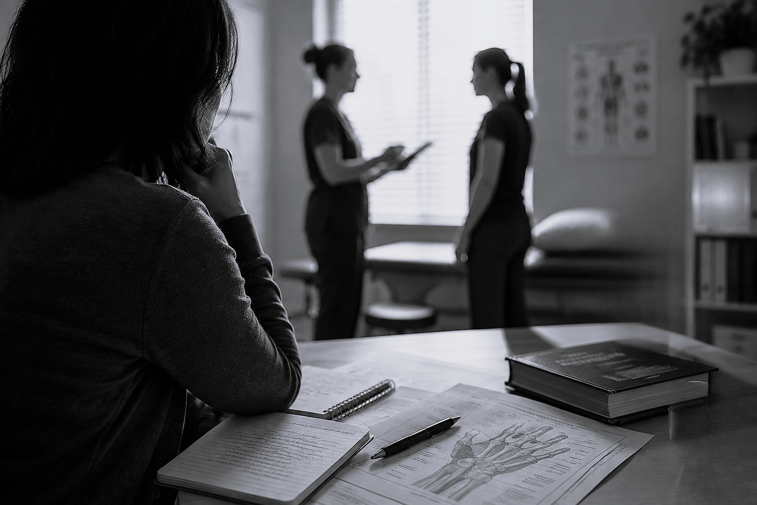 Black-and-white image of a woman taking notes beside a hand anatomy diagram while two clinicians talk in the blurred background.