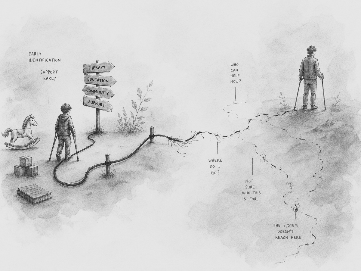 Pencil illustration of a child with crutches following signs for therapy, education, community, and support. The path breaks before an adult with crutches, beside the questions “Who can help now?” and “Where do I go?” and the statement “The system doesn’t reach here.”