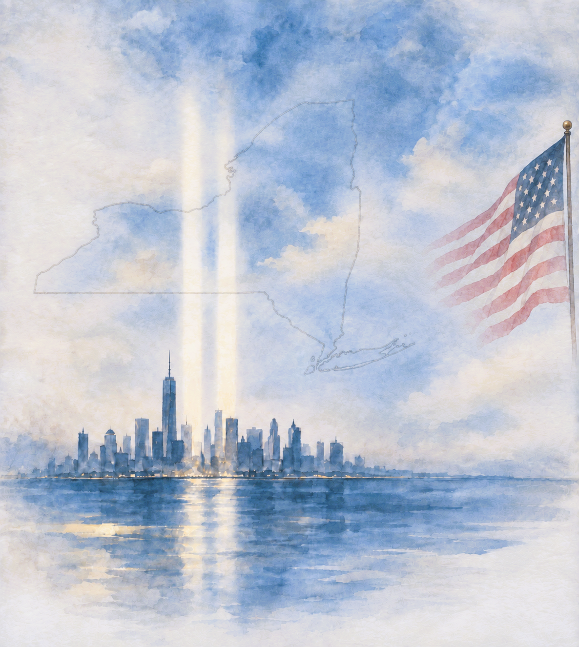 Watercolor illustration of New York State, the Tribute in Light, and an American flag.