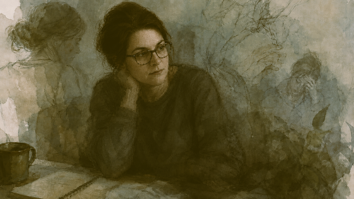 Muted watercolor of a woman with glasses seated at a table with an open notebook, surrounded by faint overlapping figures and anatomical sketches.
