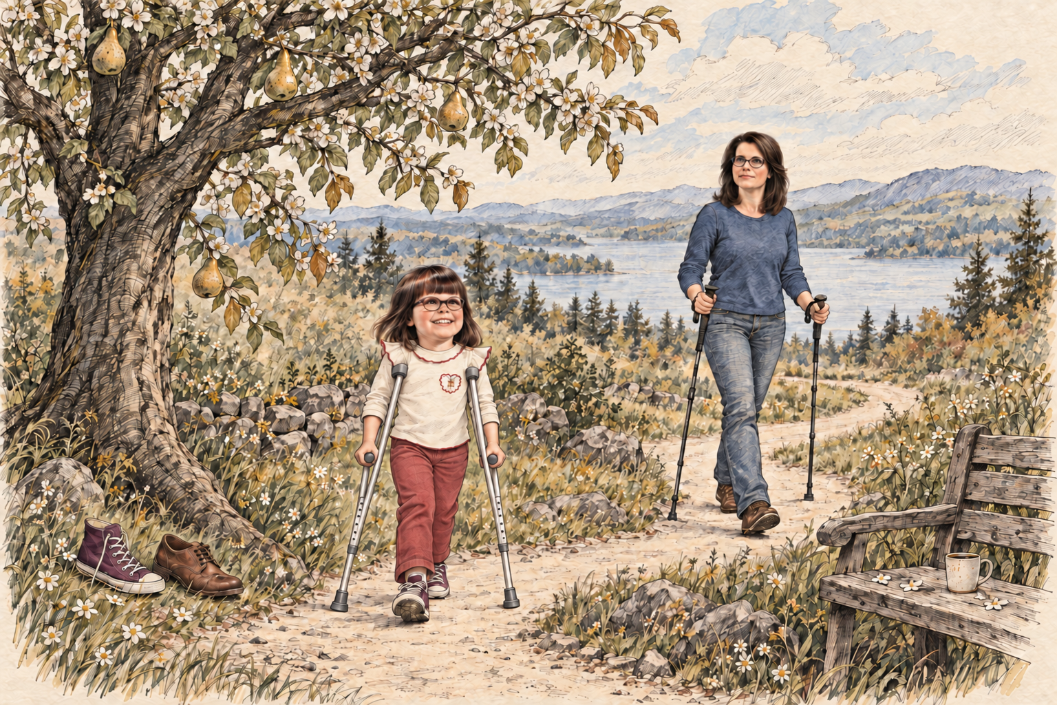 Pen-and-watercolor illustration of Kerry as a child using underarm crutches and as an adult using walking poles along a winding path beneath a pear tree.