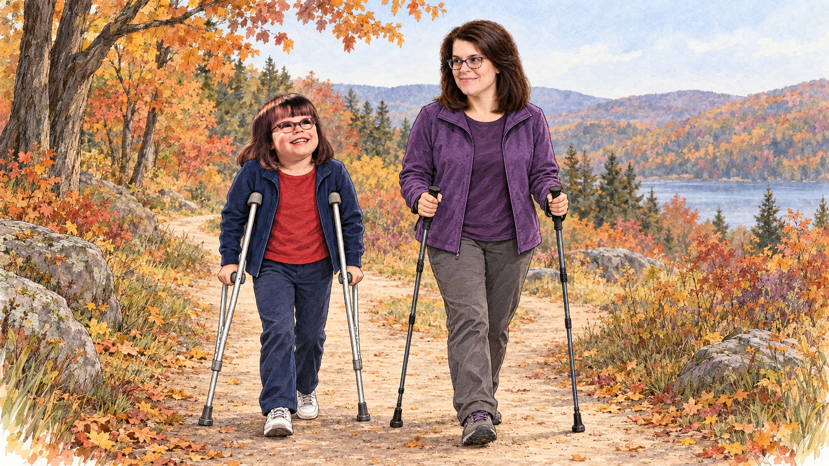 An illustration of Kerry as a child using underarm crutches and as an adult using walking poles on an autumn path.